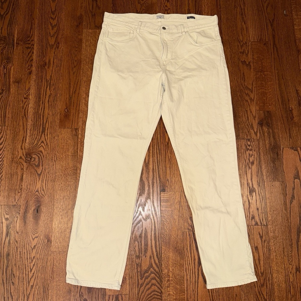 Faherty Organic Cotton Slim Straight Denim Stone Men's 40x34 Stretch Jeans Cream - Picture 2 of 6